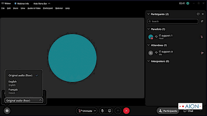 Webex interface showing simultaneous interpretation language selection with English and French channels