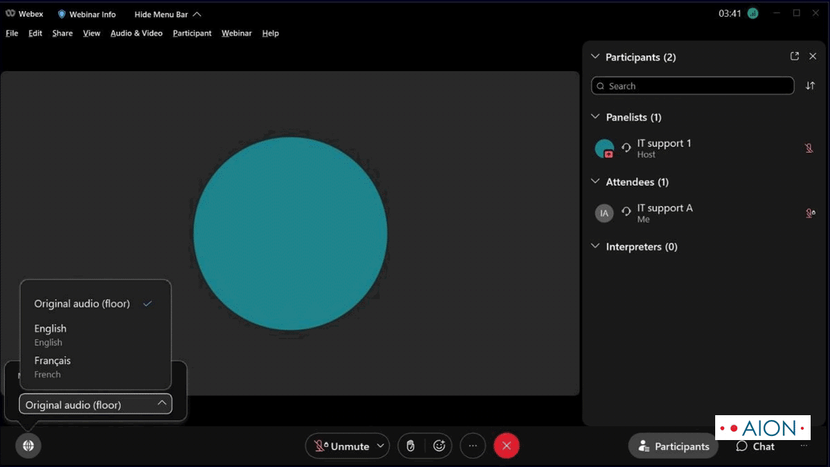 Webex interface showing simultaneous interpretation language selection with English and French channels