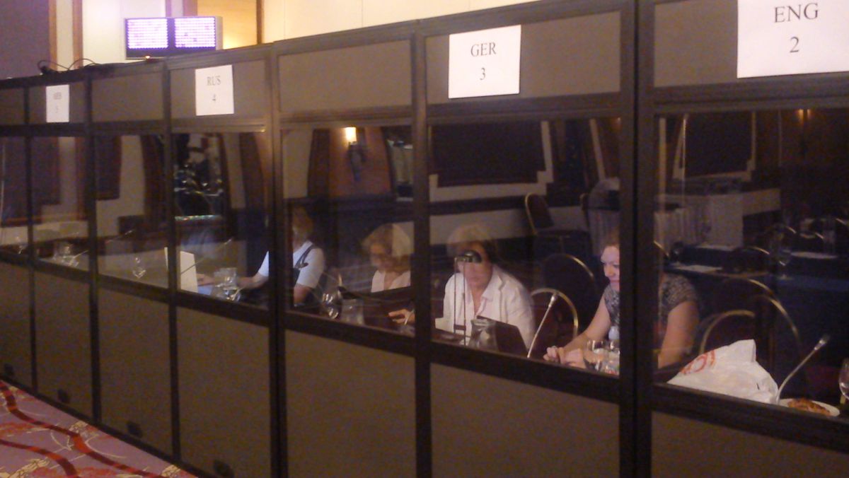 Several conference interpretation booths in a row during an event
