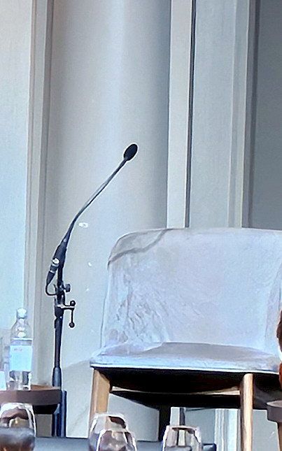 close up of panel chair with goose neck microphone next to it