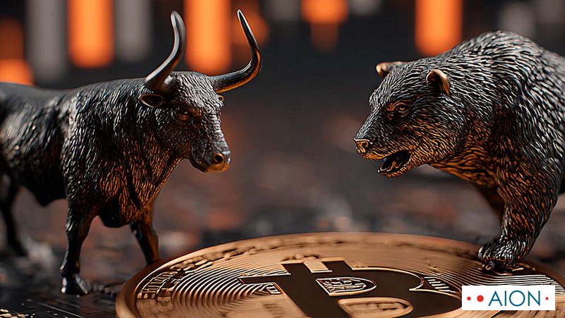 Tamne metalne figurice bika i medvjeda postavljene gledaju prema sredini iznad brončanog Bitcoin tokena, s mutnom financijskom tablicom u pozadini i Aionovim logotipom u uglu.